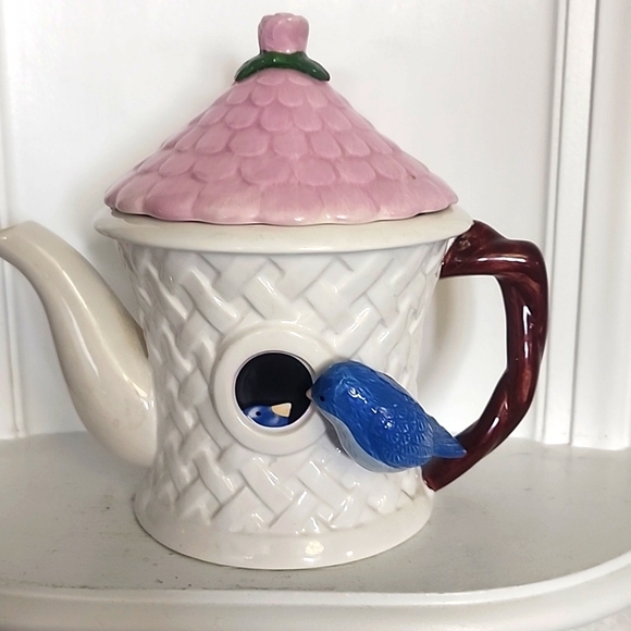 Teleflora Birdhouse Teapot Blue Bird Pink Lid & Flower Collectible Teapot - Picture 2 of 6